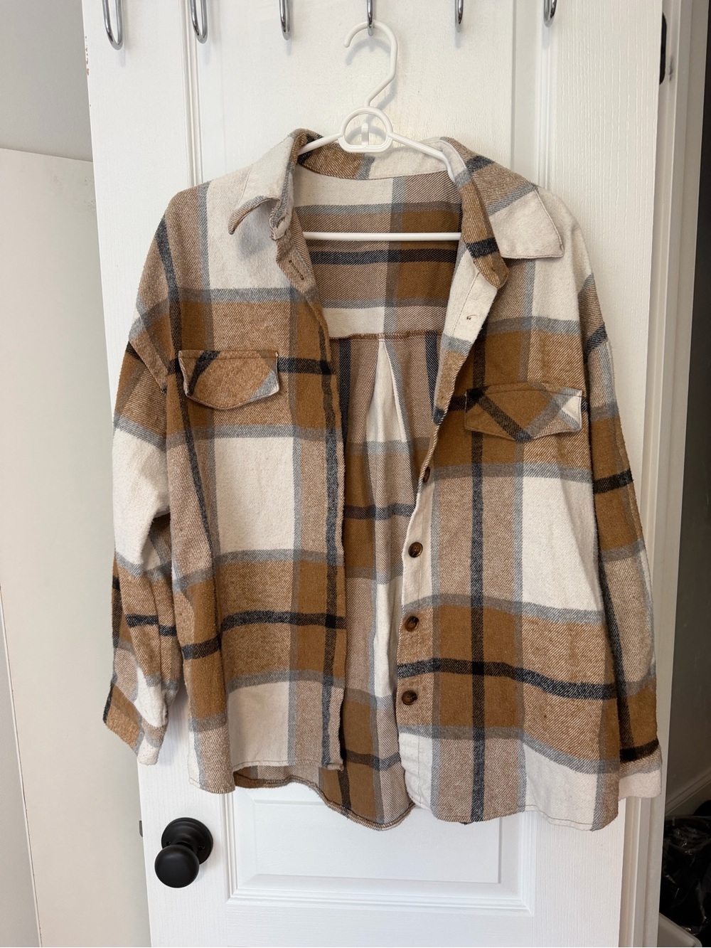 Plaid Button-Up Shacket in Cream and Camel